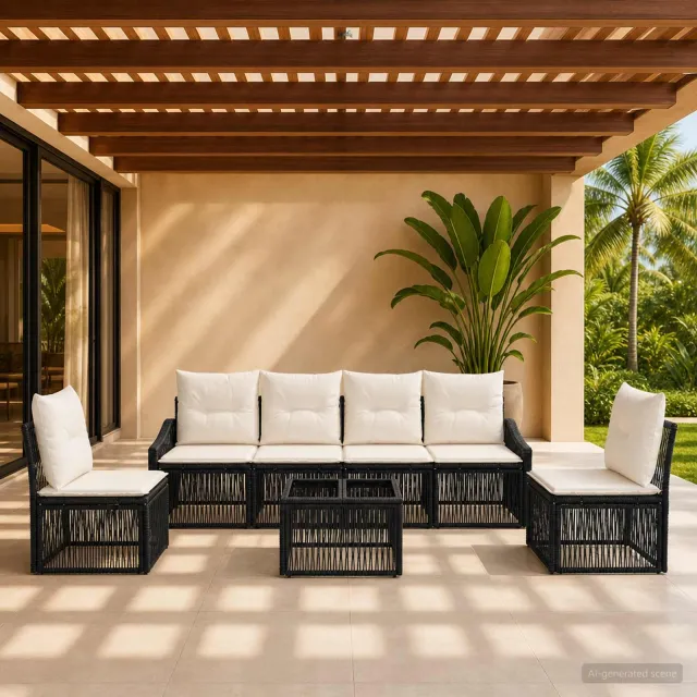 vidaXL Tuinbankenset 7 st Zwart poly rattan, foto 2