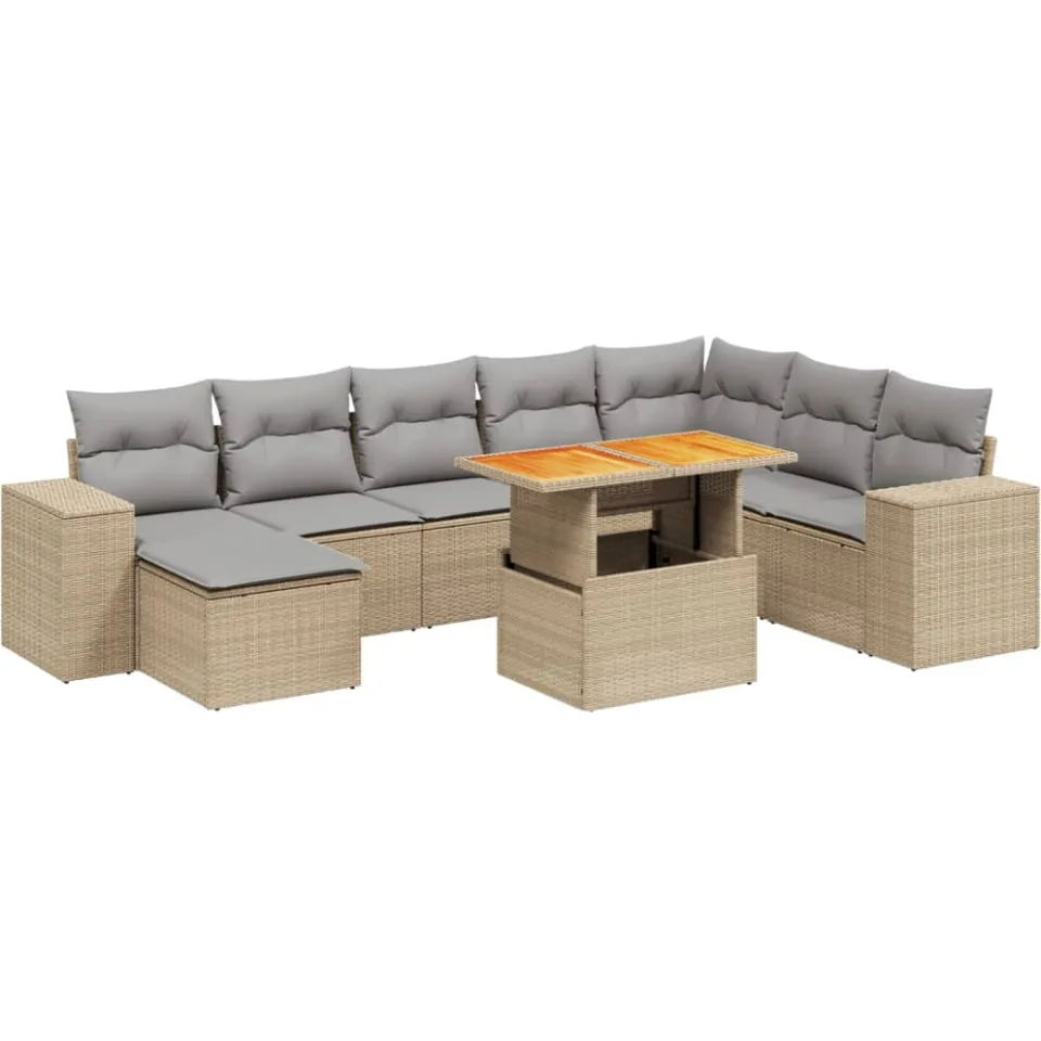 vidaXL 9-delige Loungeset met kussens poly rattan beige