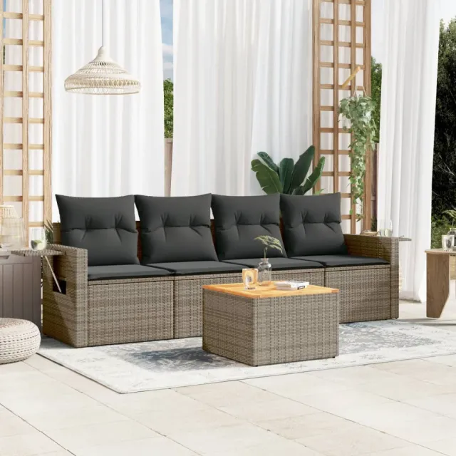 vidaXL 5-delige Loungeset met kussens poly rattan grijs, foto 2