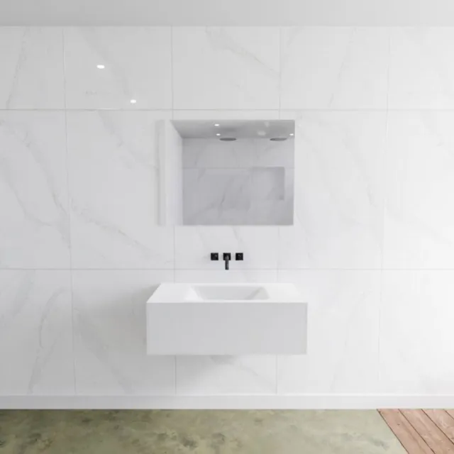 Mondiaz Badkamermeubelset Mondiaz LAGOM 90 cm Gecentreerde Waskom Solid Surface Zonder Kraangaten Mat Wit (1 lade)