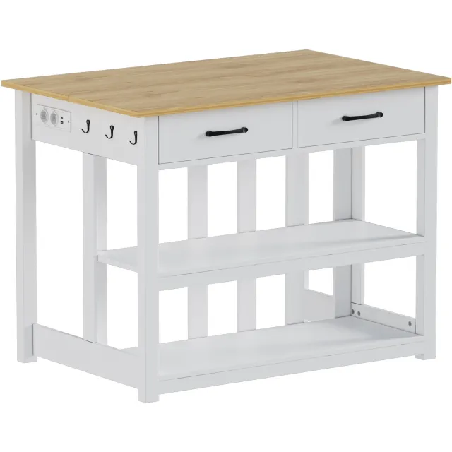 PEALOV Keukeneiland met werkblad-Stopcontact-2 lades en 2 opbergvakken-Vrijstaande keukenkast-100 x 75 x 87,4 cm-Wit en naturel