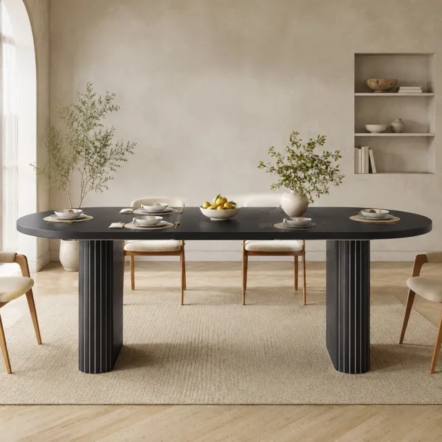 MODFU Uitschuifbare Eettafel - Ovaal - MDF En Metaal - Zwart - 120-160 Cm