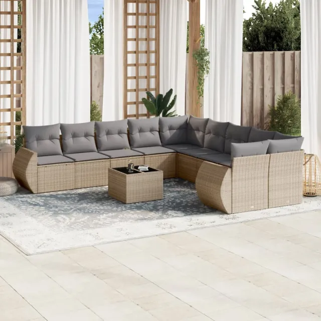 vidaXL 11-delige Tuinset met kussens poly rattan beige, foto 2