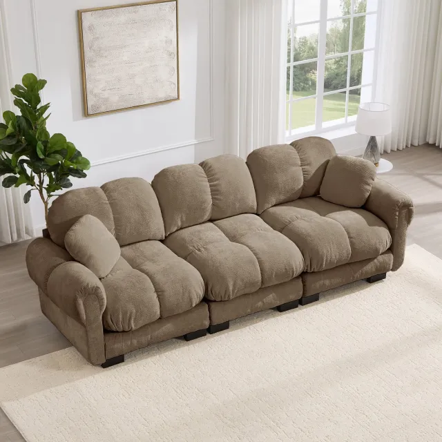 REDOM Bank - 3-zits cloud sofa met 2 kleine decoratiekussens - Gestikt patroon - Chenille bekleding - Woonkamer - Bruin - 260 x 86 x 90 cm