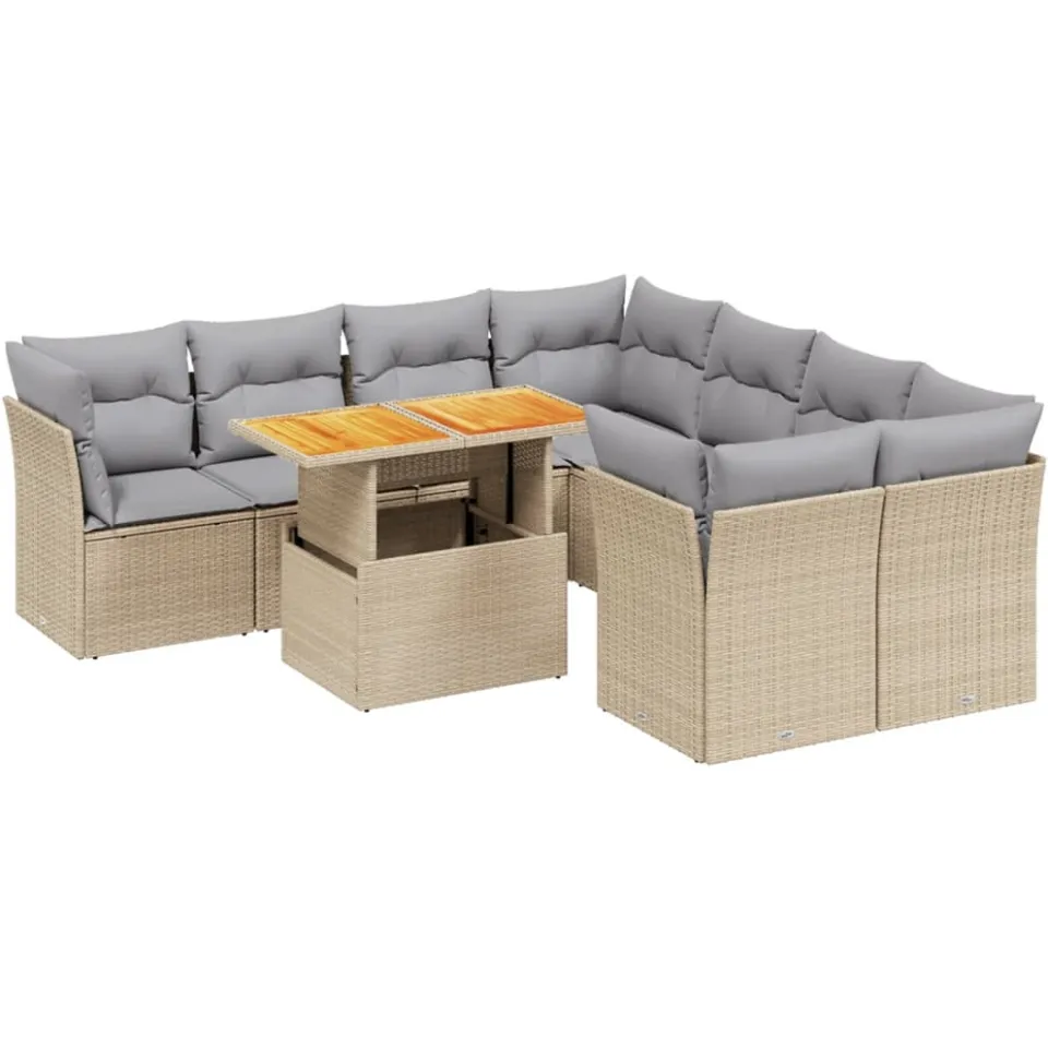 vidaXL 9-delige Loungeset met kussens poly rattan beige, foto 3