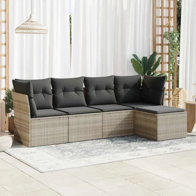 vidaXL 5-delige Loungeset met kussens poly rattan lichtgrijs grijs, foto 2