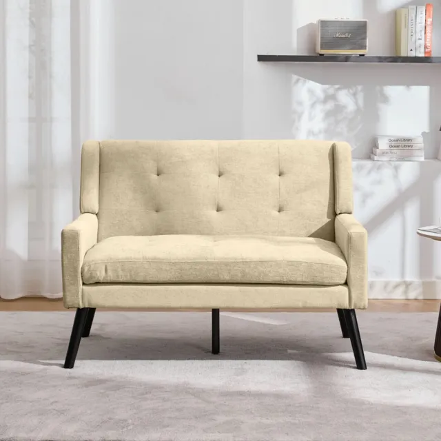 COVREO 2-zits bank 119 x 75 x 88 cm - beige linnen, massief houten poten, gecapitonneerd