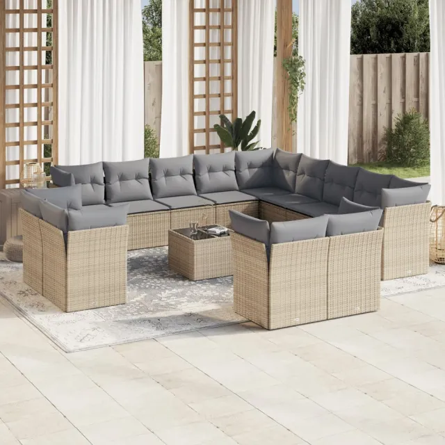 vidaXL 14-delige Loungeset met kussens poly rattan beige, foto 2