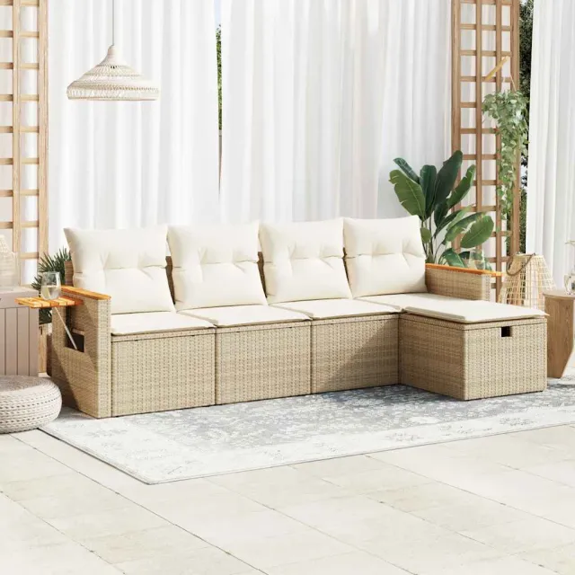 vidaXL 5-delige Loungeset met kussens poly rattan beige, foto 2