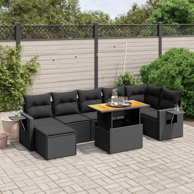 vidaXL 8-delige Loungeset met kussens poly rattan zwart, foto 2