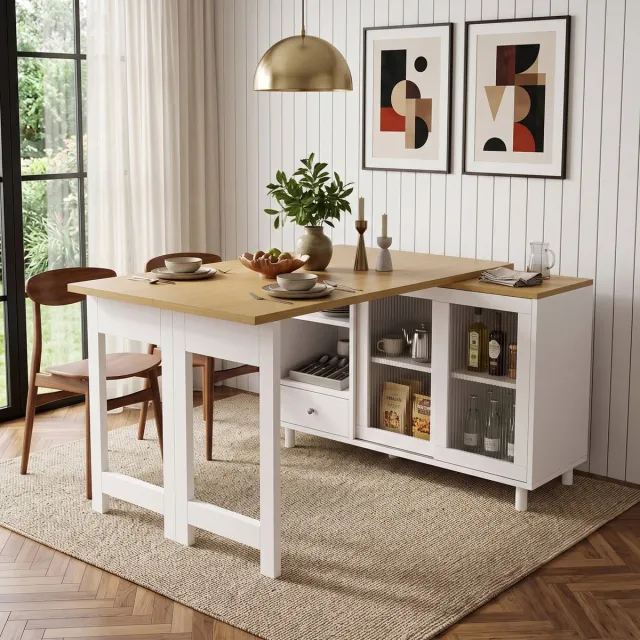 MIVRAY Eettafel - Uitschuifbaar En Opklapbaar Met Opbergruimte En Glazen Deur - Modern Voor Woonkamer - Wit - 120 X 40 X 75,5 Cm Wit; naturel