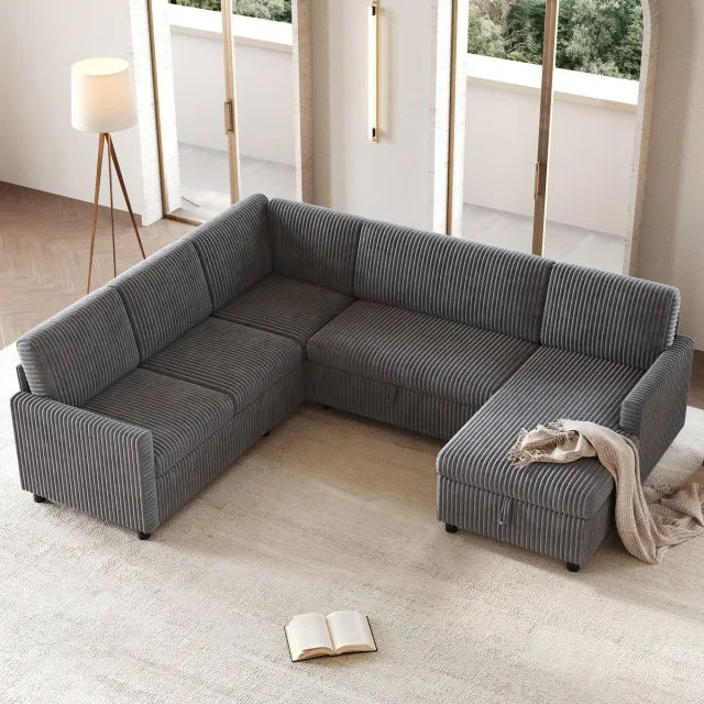 VVBV Slaapbank – Bedbank van Corduroy met Opbergruimte – Modern Design – Corduroy – Massief Hout – Voor Woonkamer – Grijs