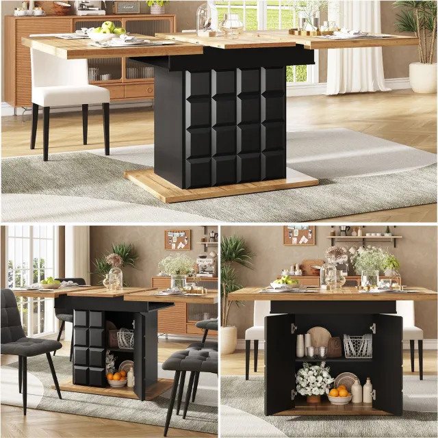 Clruro Eettafel - 110-140 x 80 cm - Uitschuifbare Klaptafel met Geruit Tafelblad - MDF - Wit Zwart, naturel