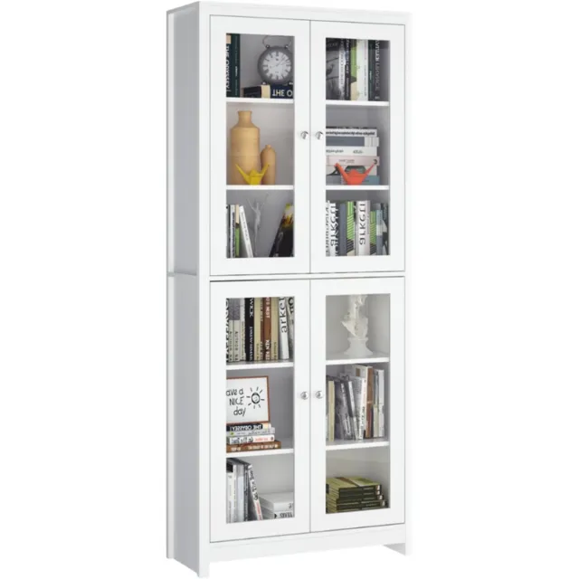 Happiq Vitrinekast met Glazen Deuren – Voor Woonkamer of Keuken – Hoge Boekenkast met 4 Deuren – Wit Hout 190 x 80 x 33 cm