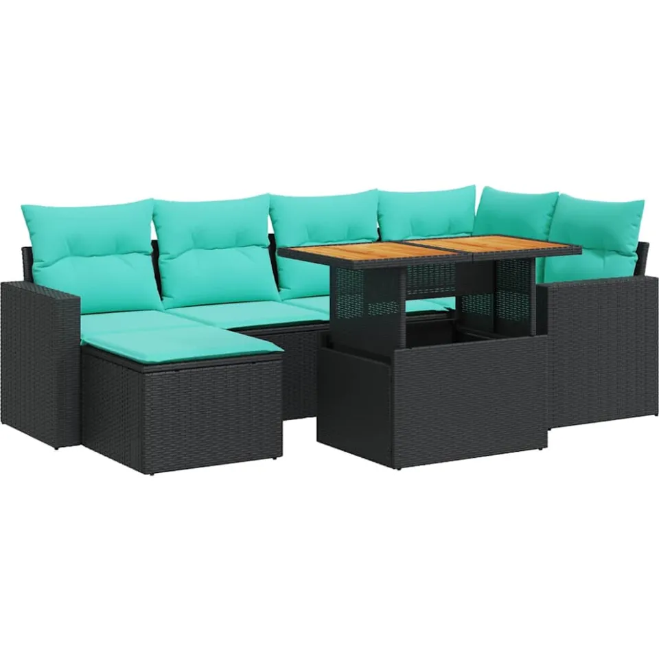 vidaXL 7-delige Loungeset met kussens poly rattan zwart