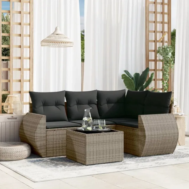 vidaXL 5-delige Loungeset met kussens poly rattan grijs, foto 2