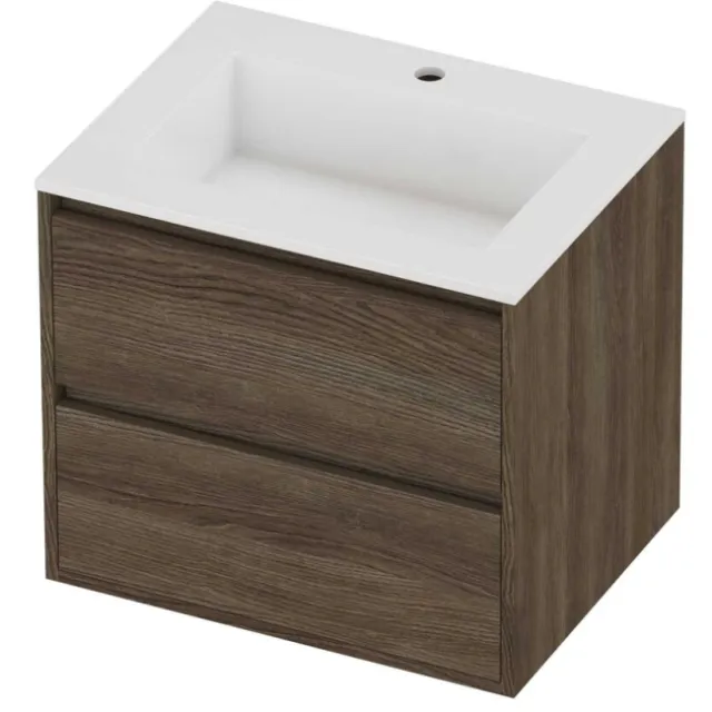 Proline Aristo Badmeubelset Polystone Elegant 1 Kraangat Greeploos 60x46x54 cm Glans Wit Vital Oak Eiken