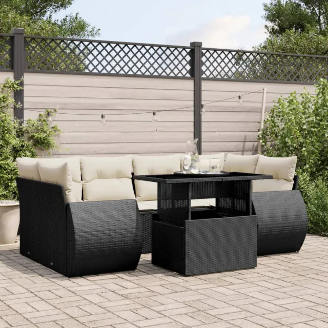 vidaXL 7-delige Loungeset met kussens poly rattan zwart, foto 2