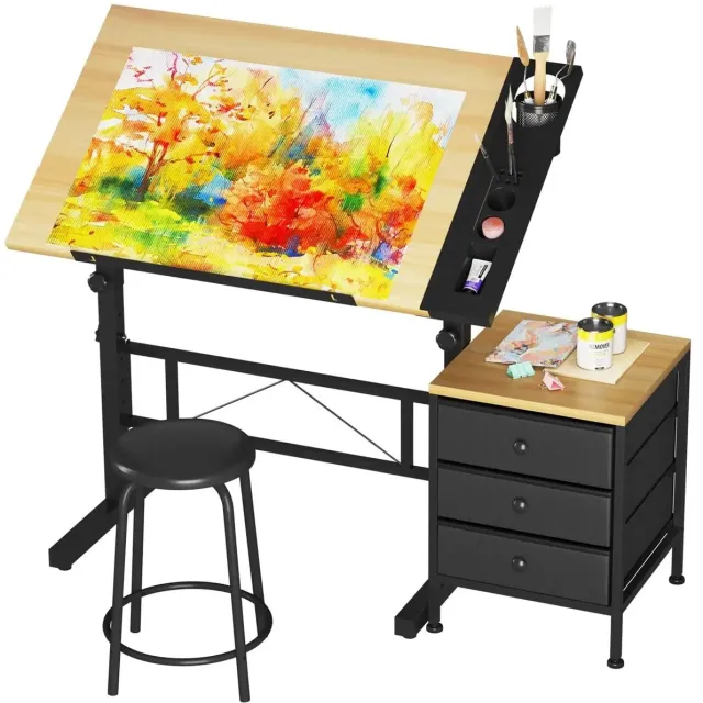 MOLHAUS Tekentafel - Kantelbaar - 120 x 60 cm - Met Kruk - Ladenkast Houtlook