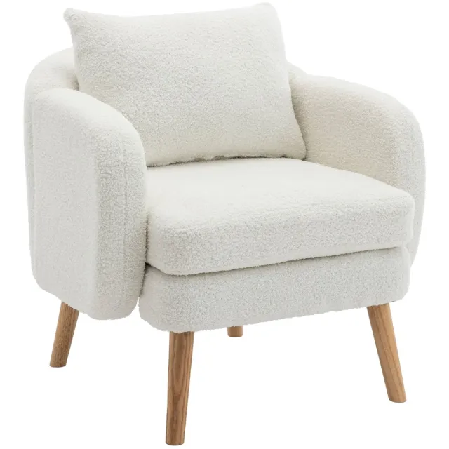 Merax Teddy Fauteuil – Comfortabele Loungestoel met Extra Dikke Zitting – Houten Poten – Inclusief Kussen – Wit