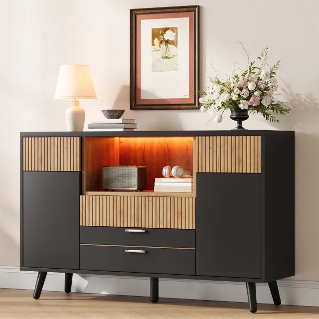 Clruro Dressoir - 130x38x85 cm - met 4 Lades en Deurrekken - RGB-LED - MDF - Naturel/Zwart