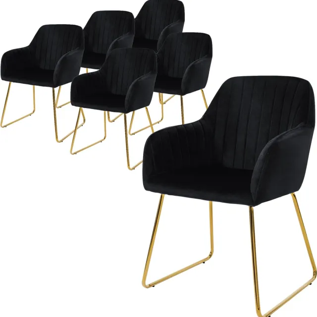 ml-design eetkamerstoelen set van 6, fluwelen zitting, zwart, woonkamerstoel met rugleuning en armleuningen, keukenstoel met gouden poten, gestoffeerde stoel met metalen frame, ergonomische armstoe
