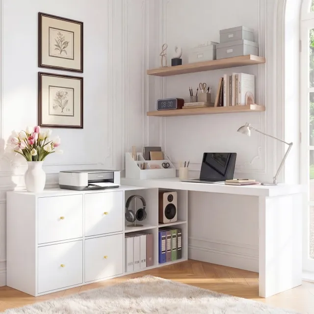 FloraGrace Hoekbureau - Draaibaar L Vormig Bureau Met 4 Lades En 8 Vakken - Voor Thuiskantoor En Studieruimte - MDF - 140x120x78 Cm - Wit