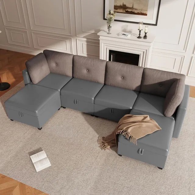 KOMHTOM BLACKCOLORS Modulaire U-vormige bank met 6 modules en opbergruimte – Multifunctionele hoekbank voor de woonkamer, om te vormen tot L-vormige bank/ligbed/losse fauteuil, fluweel + ribfluweel in contrasterend design, schuim met hoge dichtheid Antiekgrijs