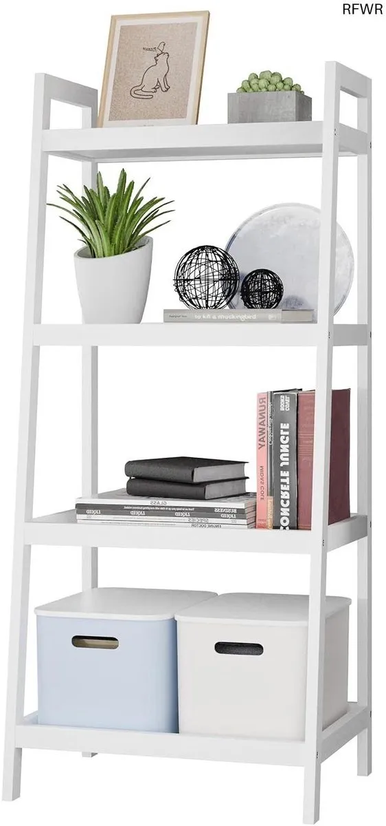 RFWR Ladderplank 4 Tier Bamboe Boekenplank - Multifunctionele Opbergkast voor Woonkamer, Badkamer en Keuken Wit