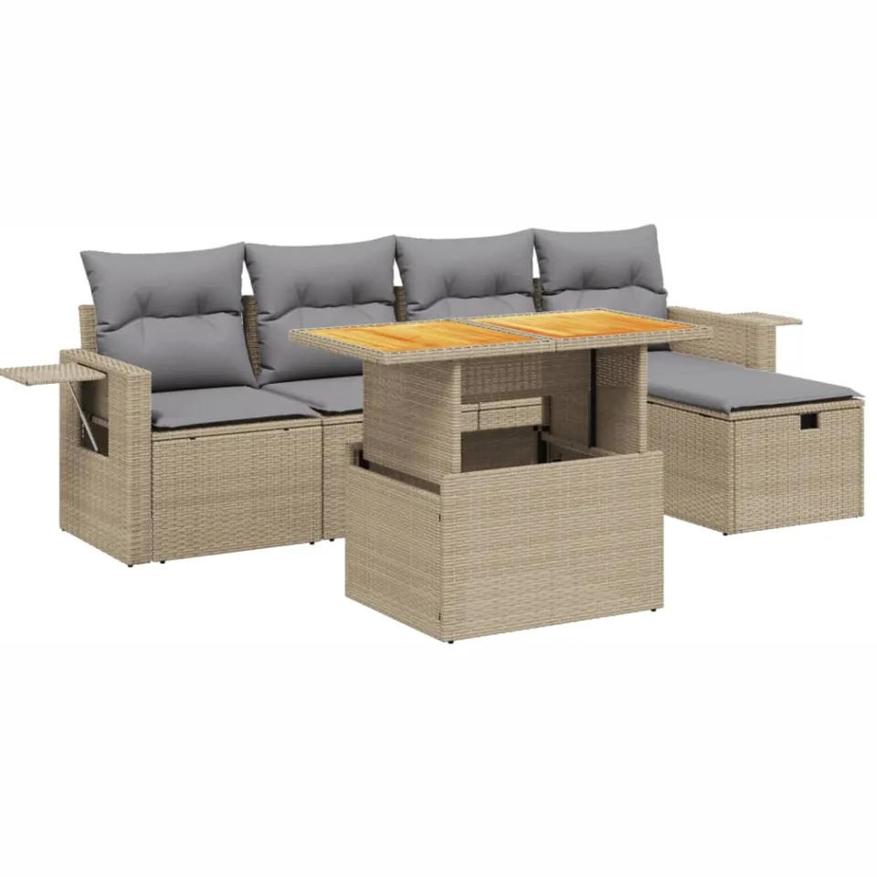 vidaXL 6-delige Loungeset met kussens poly rattan beige, foto 3