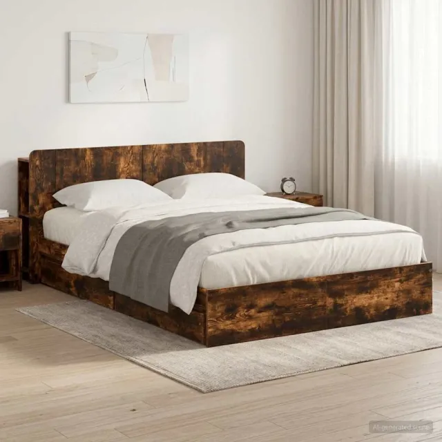 vidaXL Bedframe met opslag Gerookt eiken 135 x 190 cm Bewerkt hout