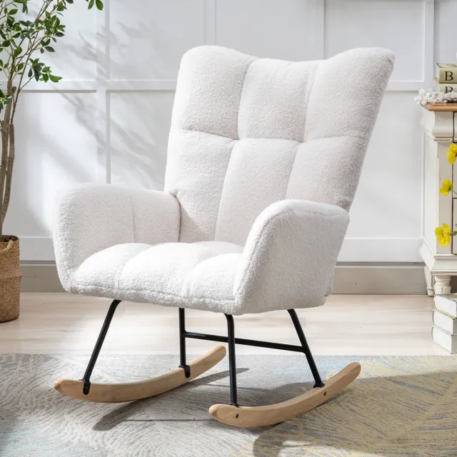 HAUSS SPOLE Schommelstoel - Teddy Fauteuil Met Armleuningen En Zijvak - Ergonomische Gevulde Zitting - Voor Kinderkamer, Woonkamer En Slaapkamer - Wit