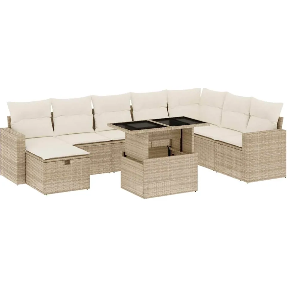 vidaXL 9-delige Loungeset met kussens poly rattan beige, foto 3