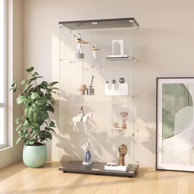 MEXUS Glazen vitrinekast 80,5 x 36 x 164 cm – Vitrinekast met 2 deuren en slot – 4 planken display kast van gehard glas – zwart vitrinekast voor woonkamer en kantoor
