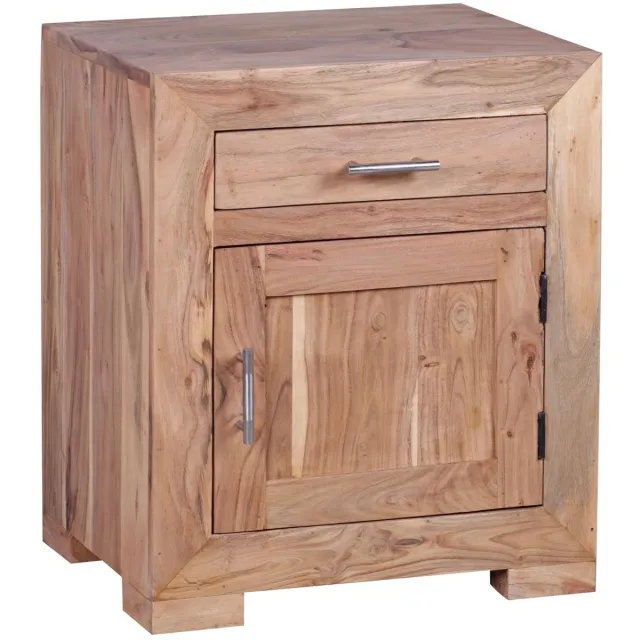 Ervesto Nachtkastje Mumbai - Acaciahout - 60 Cm Hoog - Met Lade En Deur - Nachtkastje Voor Boxspringbed - Romantische Landelijke Stijl Zie omschrijving