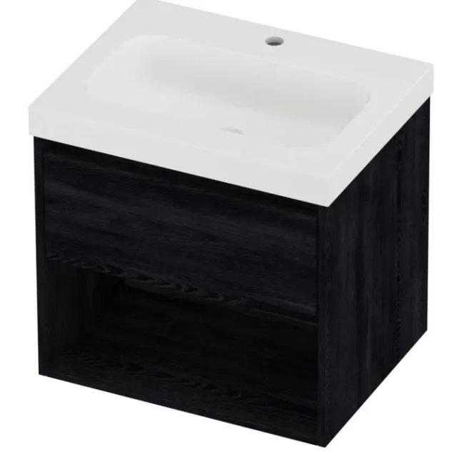 Proline Haga Badmeubelset Polystone Mezza 1 Kraangat Met Schap 60x46x58 cm Mat White Black Oak Eiken
