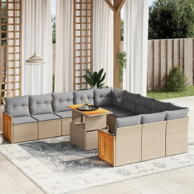 vidaXL 11-delige Tuinset met kussens poly rattan beige, foto 2