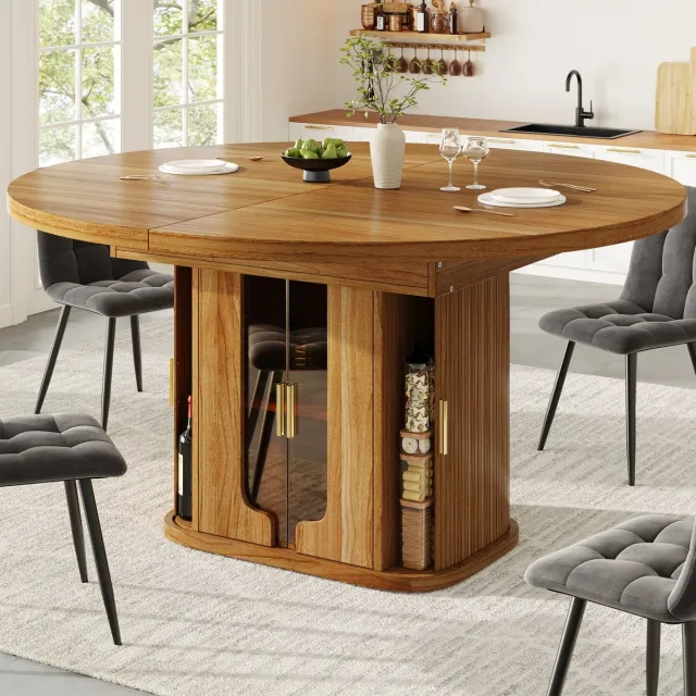 OKWISH Uitschuifbare Eettafel Met Opberglades En Glasfronten Voor Eetkamer En Keuken Walnoot MDF Rond Naar Ovaal 118-158x118x77 Cm Notenhout