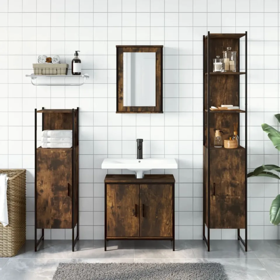 vidaXL 4-delige Badkamermeubelset bewerkt hout gerookt eikenkleurig, foto 2