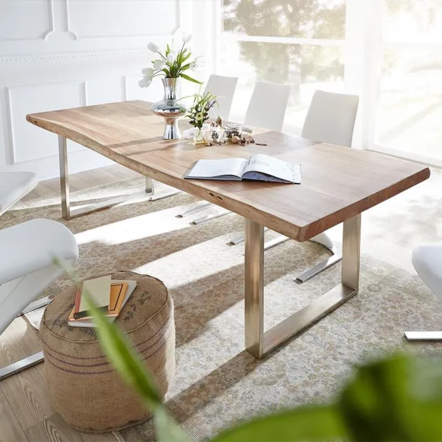 DELIFE Eettafel Edge acacia natuur 260x100 XL edelstaal smal Live-Edge Bruin