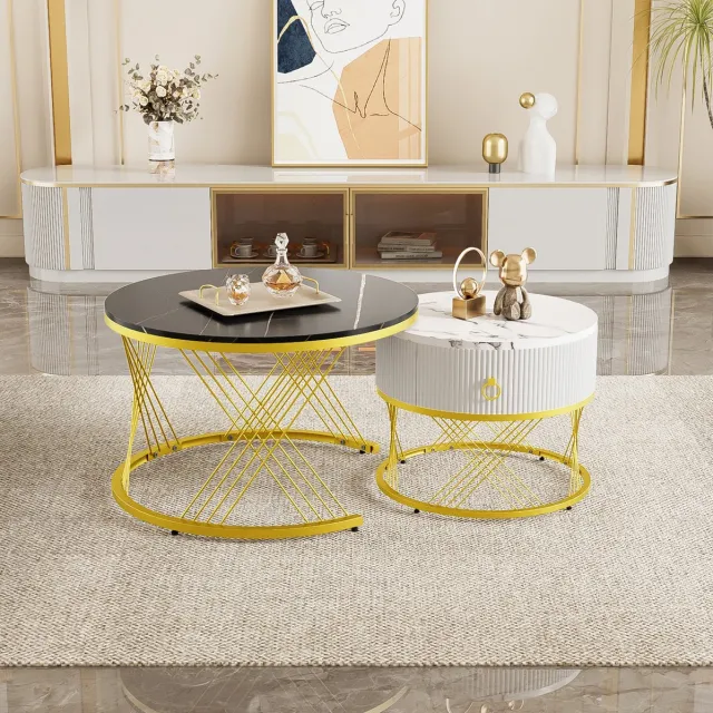 MEUNIQ Salontafel 2-delige set 70 x 70 x 45 en 50 x 50 x 40 cm met lade, marmerlook en verstelbare metalen poten voor woonkamer, zwart wit goud
