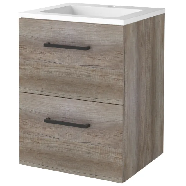 Boss & Wessing Badmeubelset BWS Salt 50x46cm Met Grepen 2 Lades Met Wastafel Acryl 1 Kraangat Scotch Oak Bruin