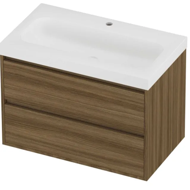 Proline Haga Badmeubelset Polystone Mezza 1 Gat 80x46x58 cm Mat White Caramel Walnut Houtlook