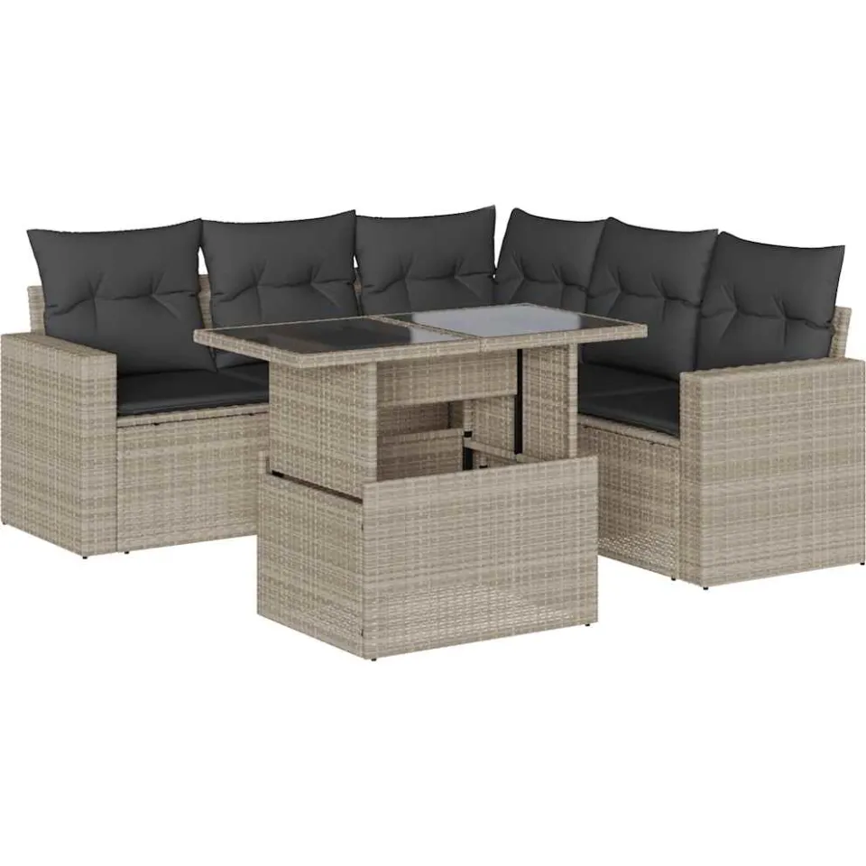 vidaXL 6-delige Loungeset met kussens poly rattan lichtgrijs grijs, foto 3