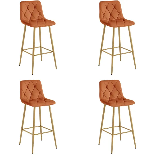LEOBERT Set van 4 Barkrukken NADO – Koperkleurig Velvet / Fluweel – Gestoffeerde Barstoelen met Rugleuning en Voetsteun – Metalen Poten in Eikenlook – Modern Design – Voor Keukeneiland, Keuken, Bartafel en Thuisbar
