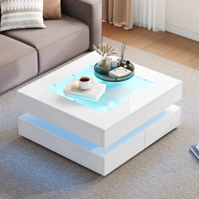 MEUNIQ Salontafel 70 x 70 x 35 cm met glazen blad, LED-verlichting via app, 3 lades en hoogglans afwerking voor woonkamer, wit