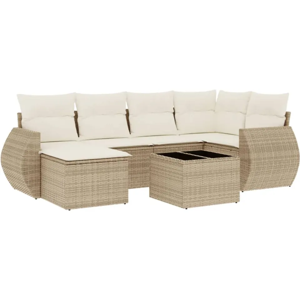 vidaXL 7-delige Loungeset met kussens poly rattan beige, foto 3