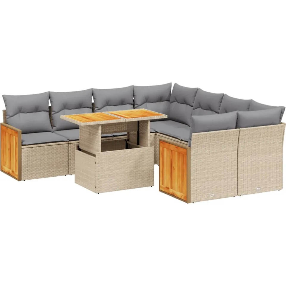 vidaXL 9-delige Loungeset met kussens poly rattan beige