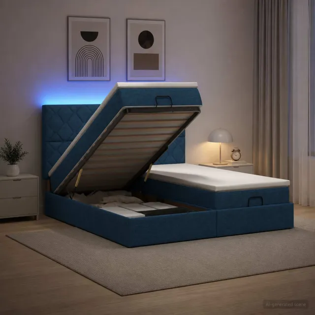 vidaXL Ottoman Bed met Matrassen en LED Blauw 200 x 200 cm Stof