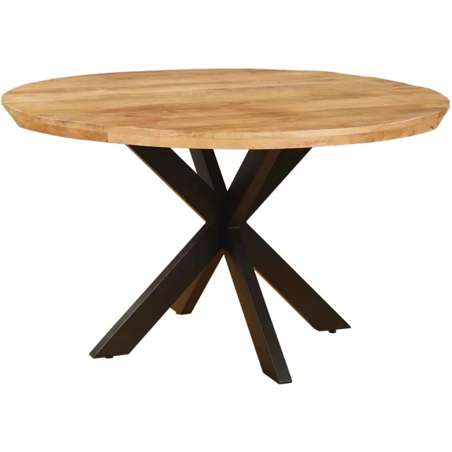 Sfeerwonen Enzo Eettafel Rond - 100 cm - Mangohout Naturel - Swiss Edge Schuine Rand - Stalen Matrix Poot mango hout